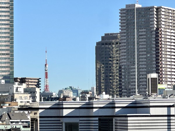 朝日中目黒マンション_東京タワービューの写真 ゆったりと横幅のあるバルコニーからは、東京タワーを望むことができました♪周辺には建物が立ち並びながらも、視界を遮るような大きな建物はなく、奥行きのあるすっきりとした眺めが広がっています♪ 建物の合間からは目黒川沿いの桜の木が覗き、都会の中に自然を感じられる目黒らしい景色でした。