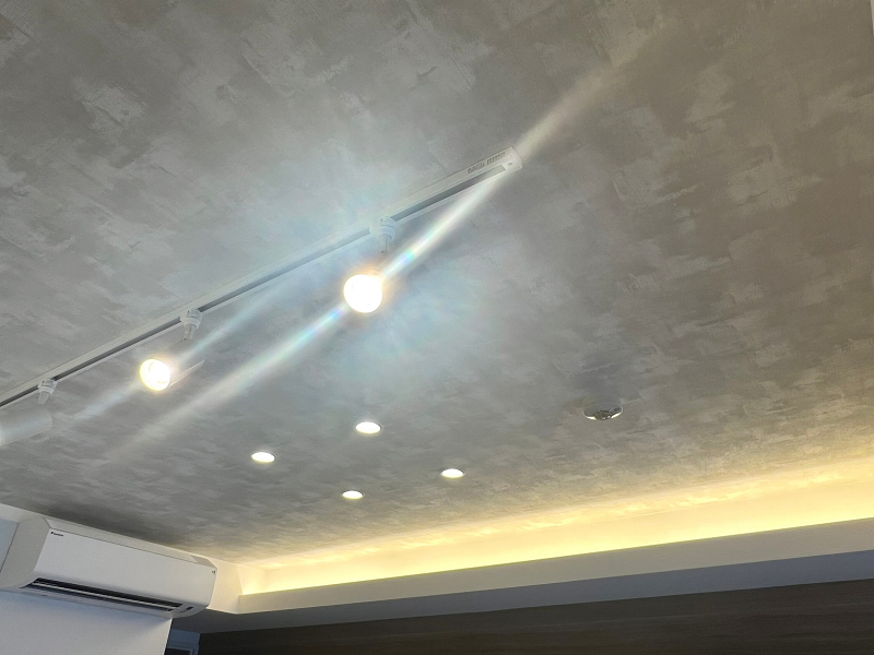 デュオ・スカーラ新宿Ⅱ　リビングダイニングキッチン ダウンライトやライティングレール、間接照明、天井のアクセントウォールがインテリアとして上品な空間を演出しています。ライティングレールにお気に入りの照明器具を取り付けて、照明演出でお洒落なお部屋作りを楽しんでくださいね✨