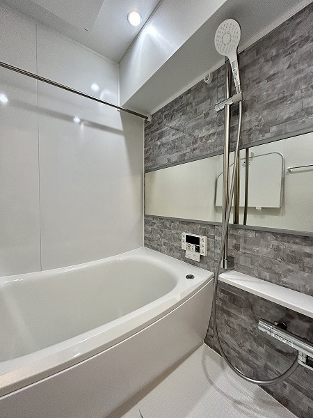 シャトレ市ヶ谷　バスルームA グレーのパネルがスタイリッシュな雰囲気を醸し出しているバスルーム。床面には水はけの良い素材が用いられていて、カビの発生を防いでくれます。丸みを帯びたバスタブにはオートバス機能や追い焚き機能を搭載。長風呂してもお湯が冷める心配がないのは嬉しいですね🛀さらに、部屋干しに便利な浴室換気乾燥機もご用意。