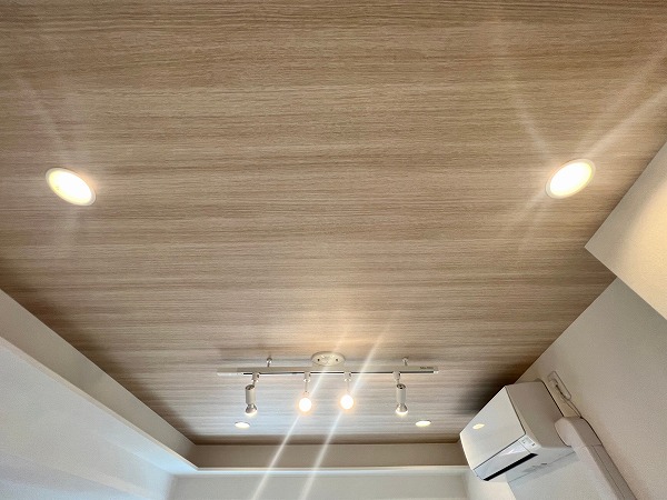 小鳩マンション　木目天井 フローリングだけでなく、天井にも木目デザインが施され、ナチュラルな温もりに包まれます。天井に備わるライティングレールにお気に入りのペンダントライトやスポット照明を取りつけて、照明演出をお楽しみいただけます。雰囲気造りにも照明はとても大事ですね✧